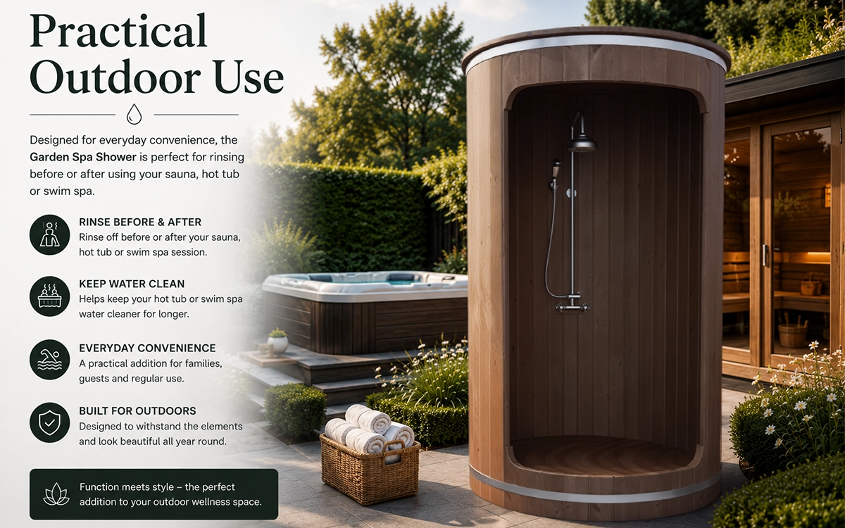 Hot water outdoor spa shower for sauna hot tub and swim spa use
